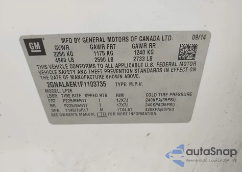 2015 Chevrolet Equinox Ls z USA, uszkodzony, nr VIN 2GNALAEK1F1103735